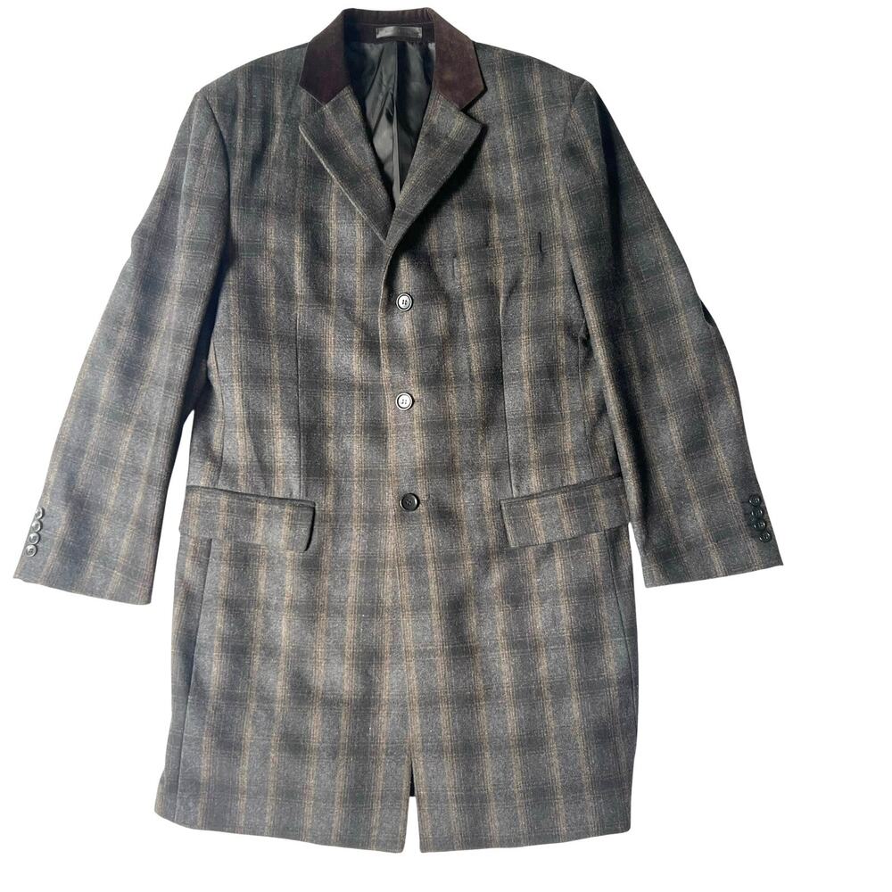 Vella Men’s 42 Wool Blend Plaid Overcoat Camel Brown Velvet Collar Italy